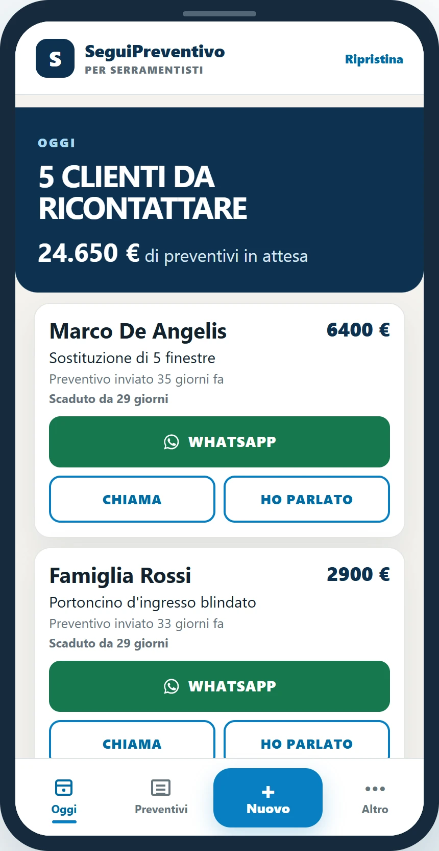 Vedi chi ricontattare nella demo SeguiPreventivo per Serramentisti