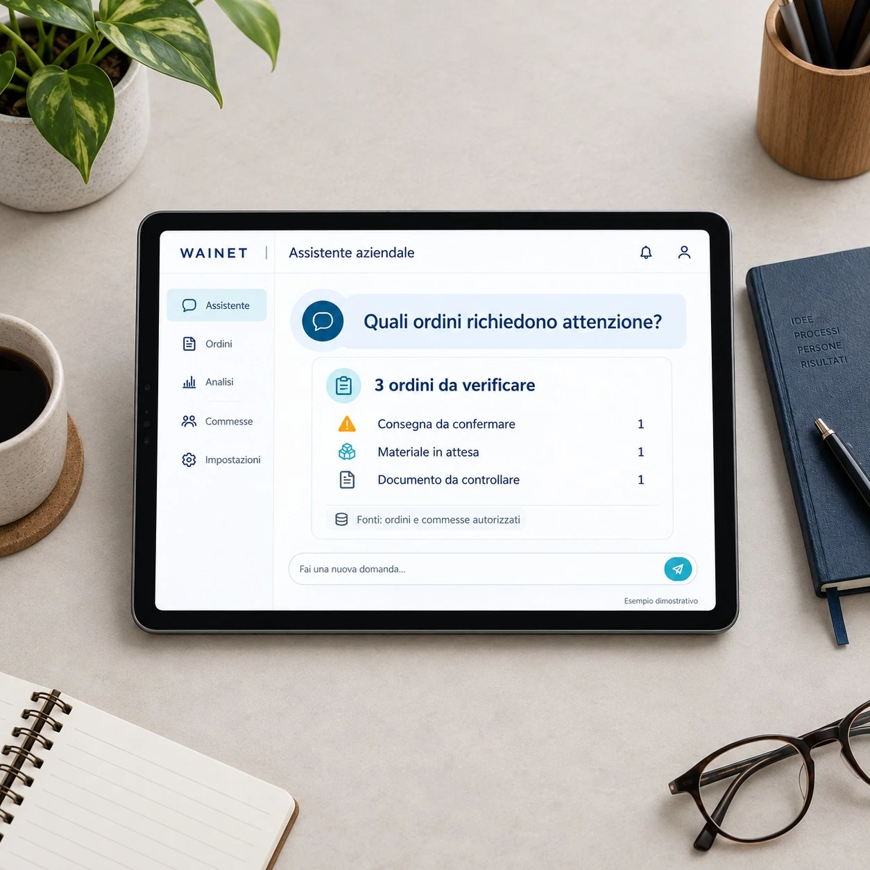 Esempio dimostrativo di assistente IA che riepiloga gli ordini da verificare