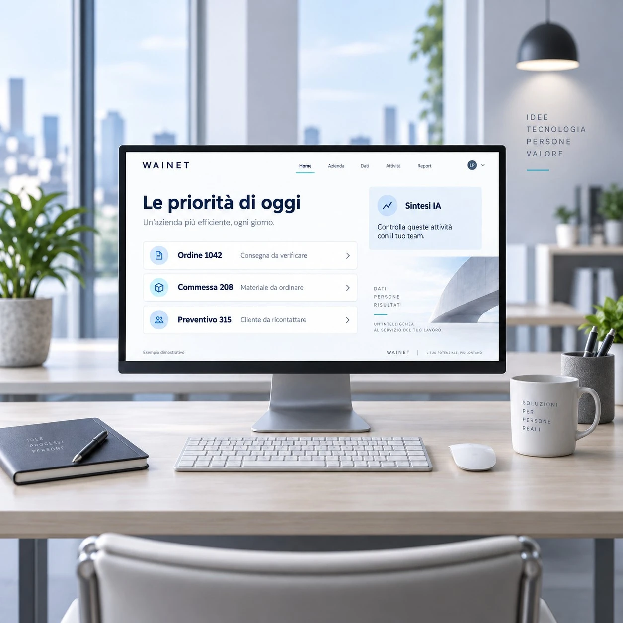 Mockup di riepilogo operativo con ordini, commesse e preventivi