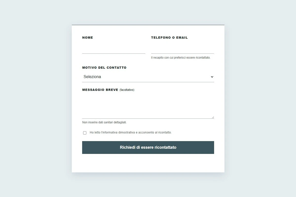 Sito Web professionale Studio Dentistico Di Valerio: modulo di primo contatto