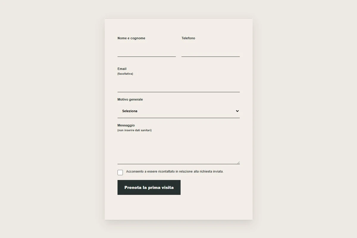 Sito Web professionale Studio Dentistico Elegante: modulo di primo contatto
