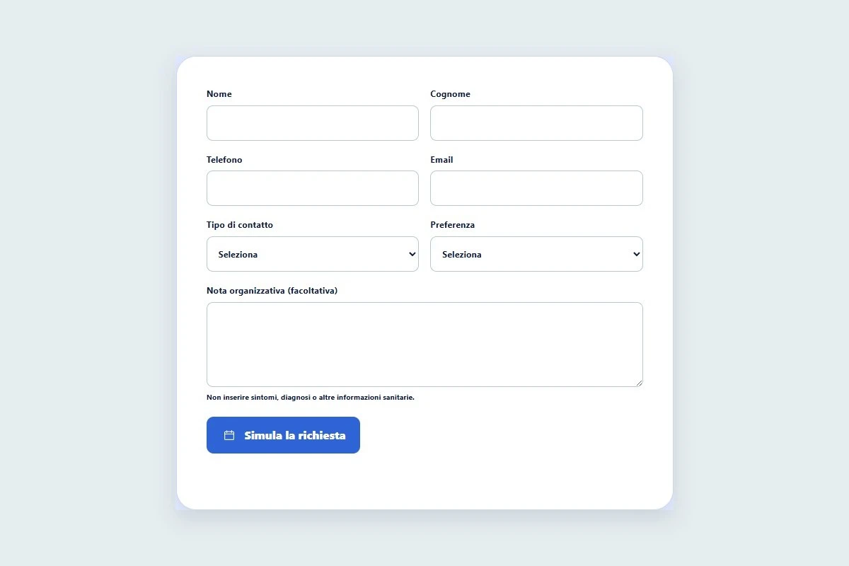Sito Web professionale Studio Dentistico Istituzionale: modulo di primo contatto