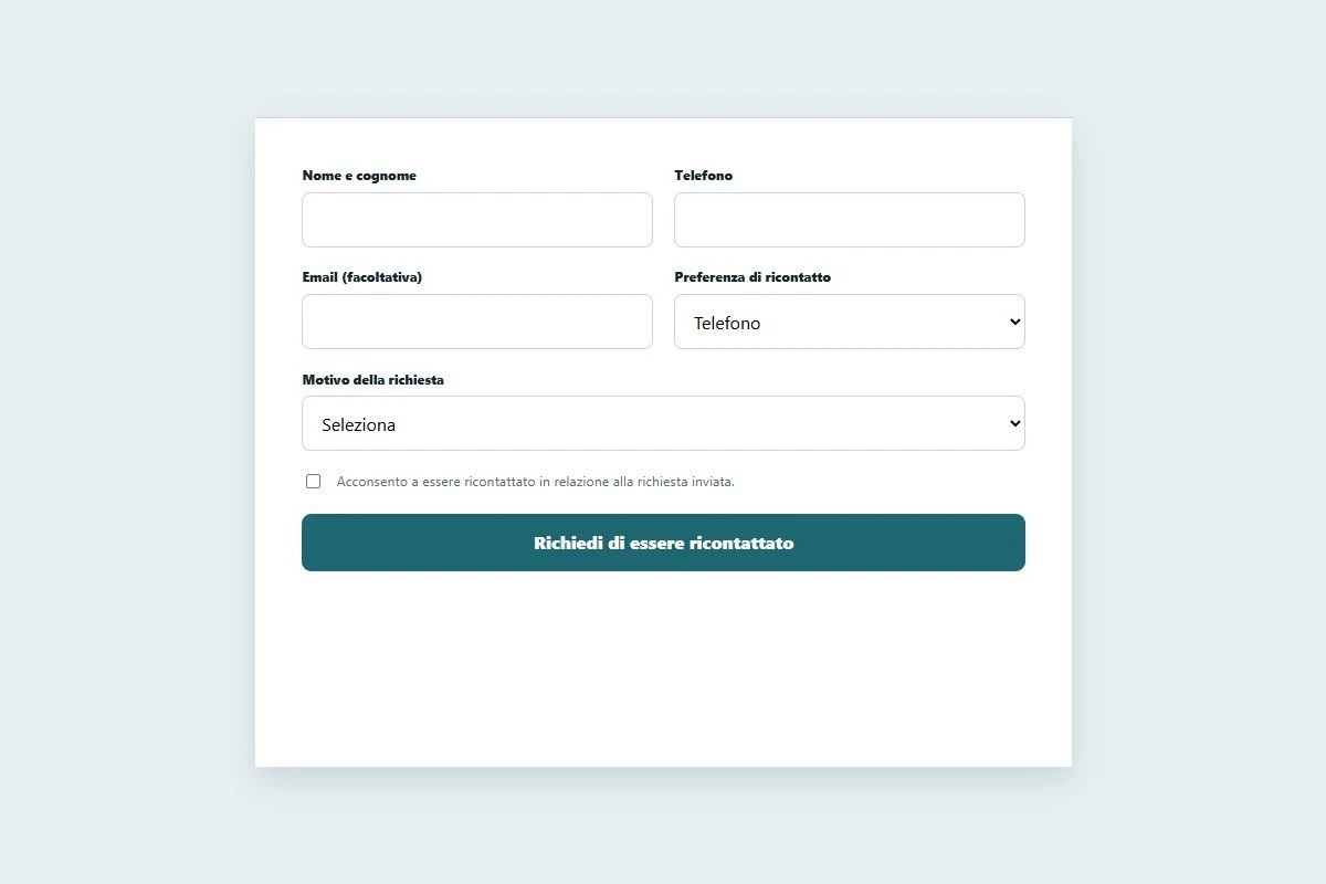 Sito Web professionale Studio Dentistico Moderno: modulo di primo contatto