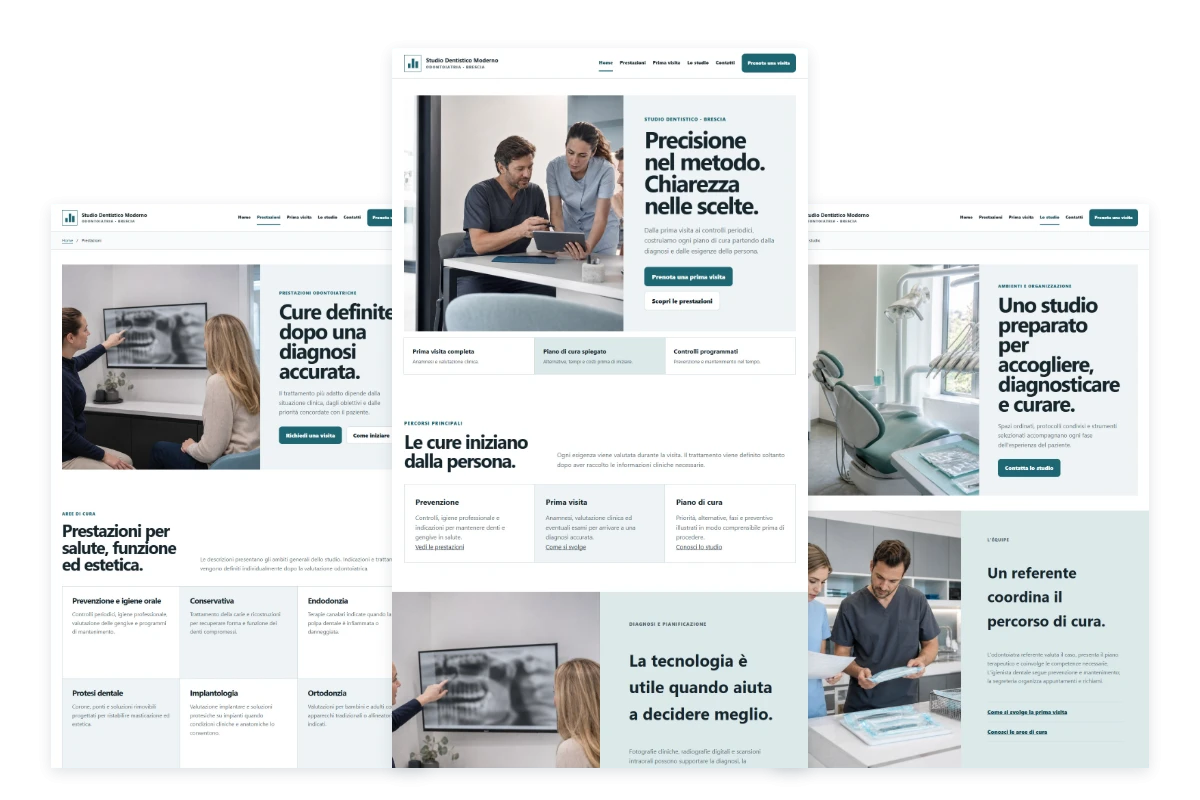 Sito Web professionale Studio Dentistico Moderno: homepage, prestazioni e studio