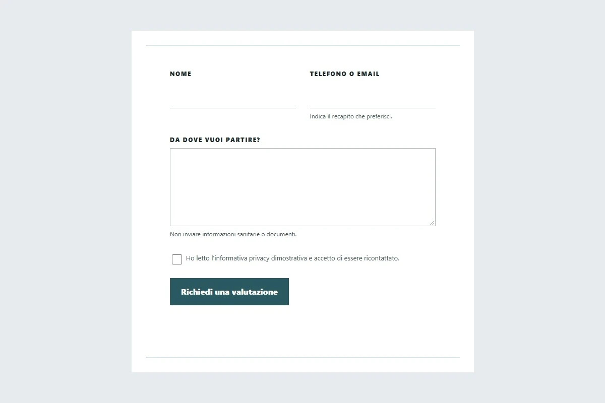 Sito Web professionale Studio DermaForma: modulo di primo contatto
