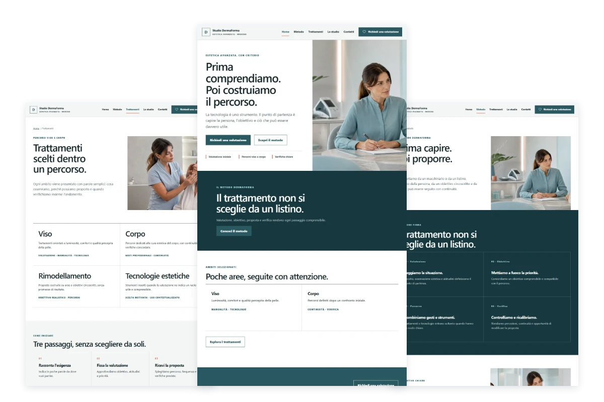Sito Web professionale Studio DermaForma: homepage, trattamenti e metodo