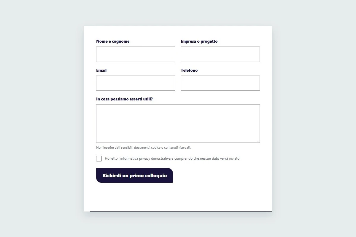 Sito Web professionale Studio Legale Innovazione: modulo di primo contatto