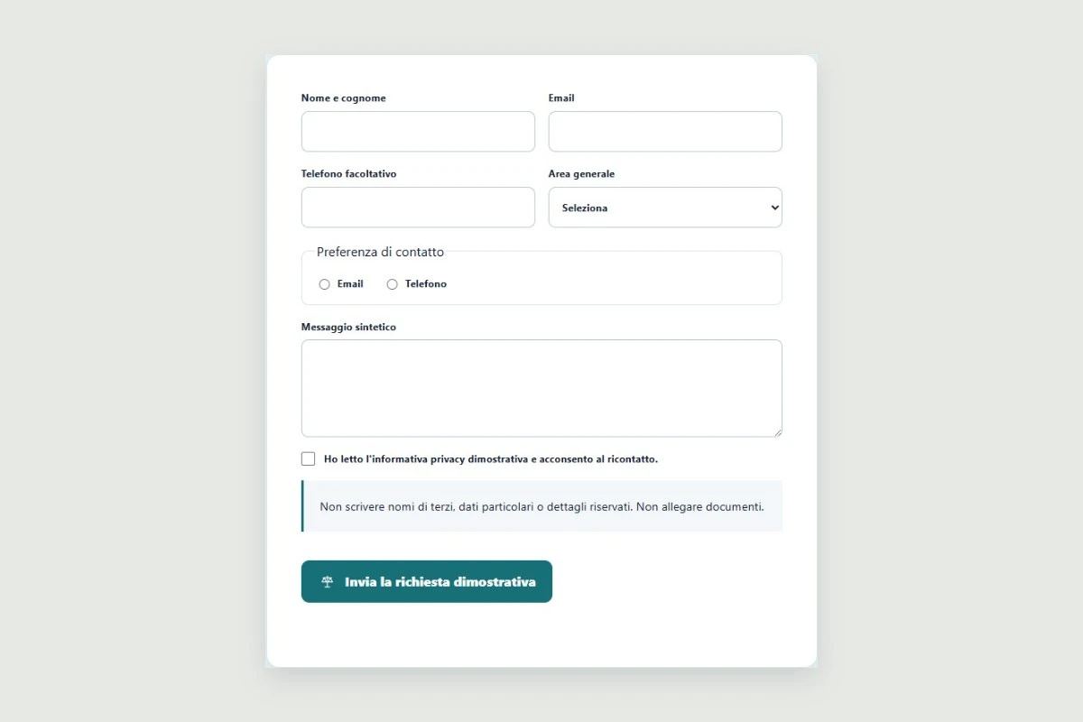 Sito Web professionale Studio Legale Pichini: modulo di primo contatto