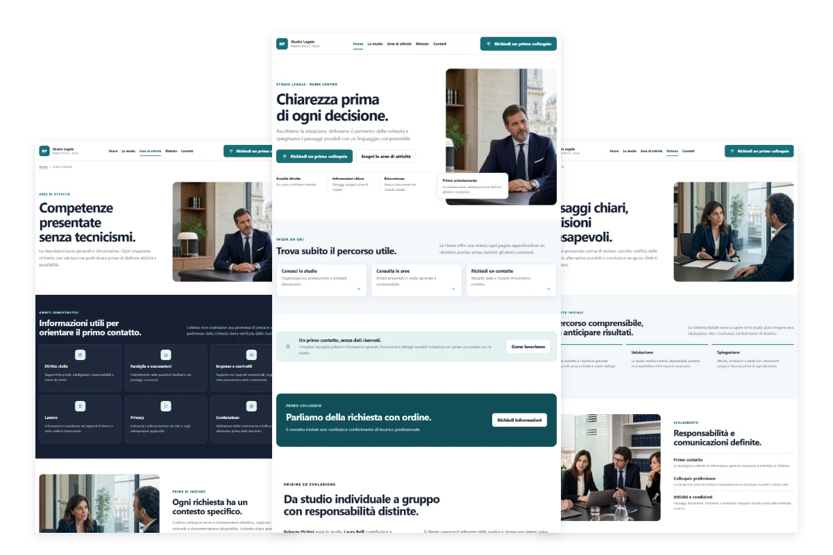 Sito Web professionale Studio Legale Pichini: homepage, aree di attività e metodo