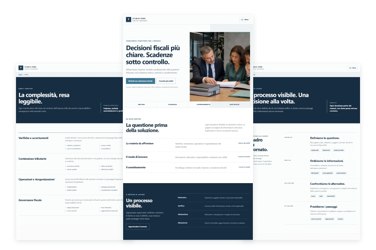 Sito Web professionale Studio Tributario: homepage, ambiti e metodo