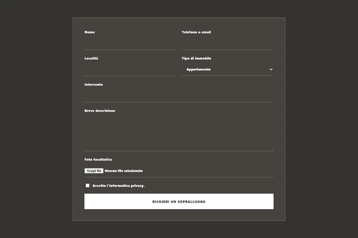Sito Web professionale Valli Opere: modulo di richiesta di contatto