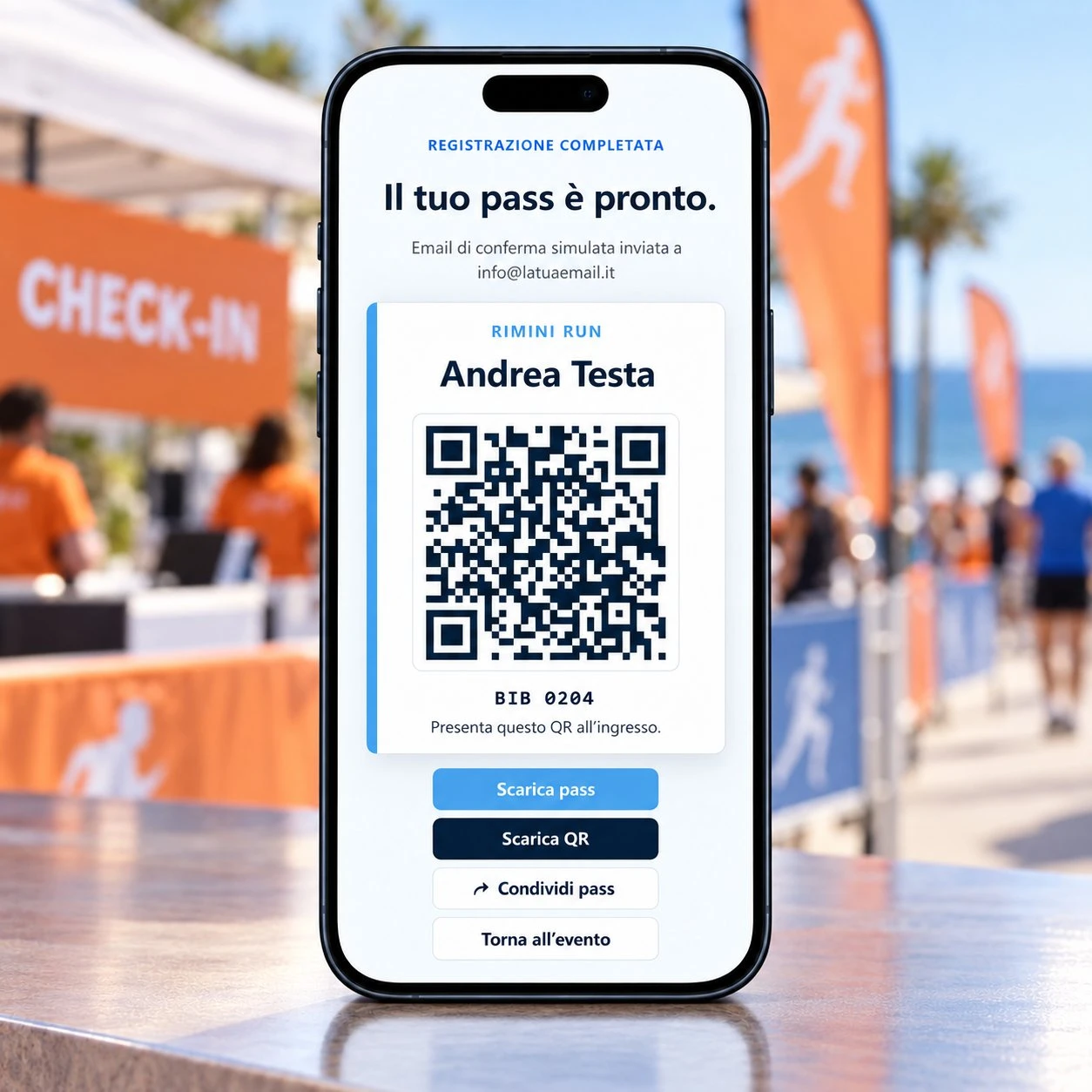Smartphone - Iscrizioni e Check-in QR per Gare Sportive - mockup dimostrativo