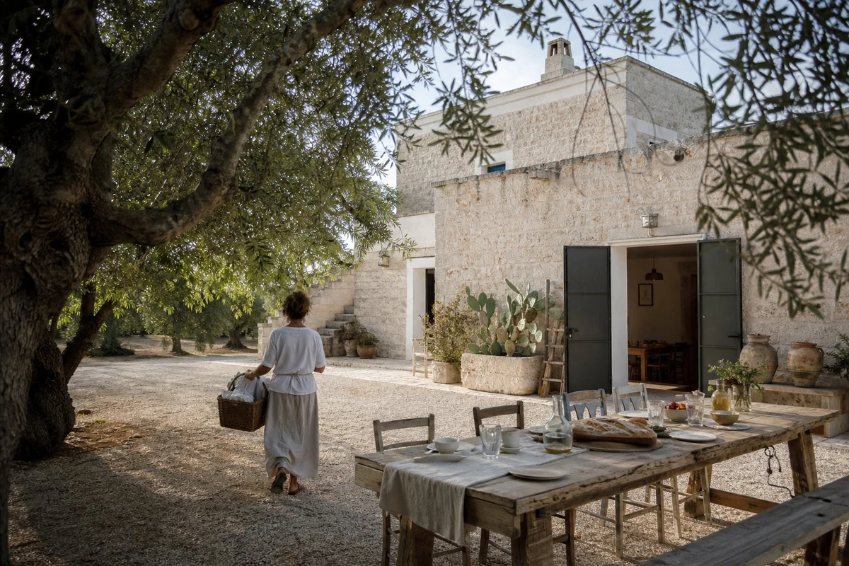 Masseria in pietra tra gli ulivi con tavola preparata nella corte