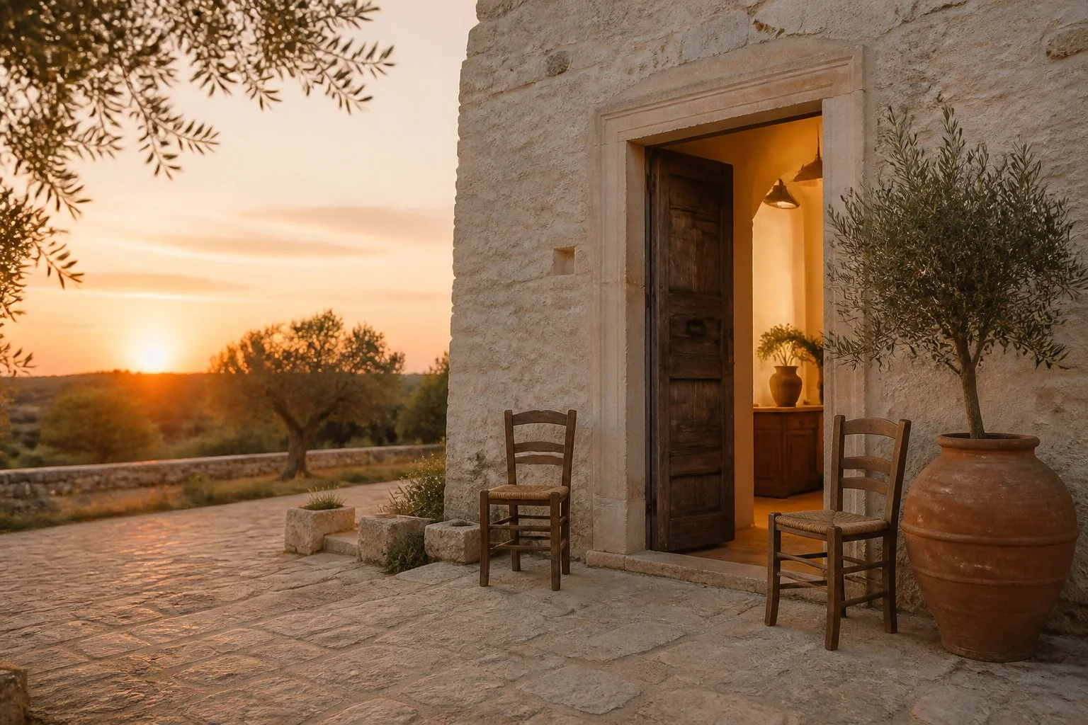 Ingresso della masseria al tramonto