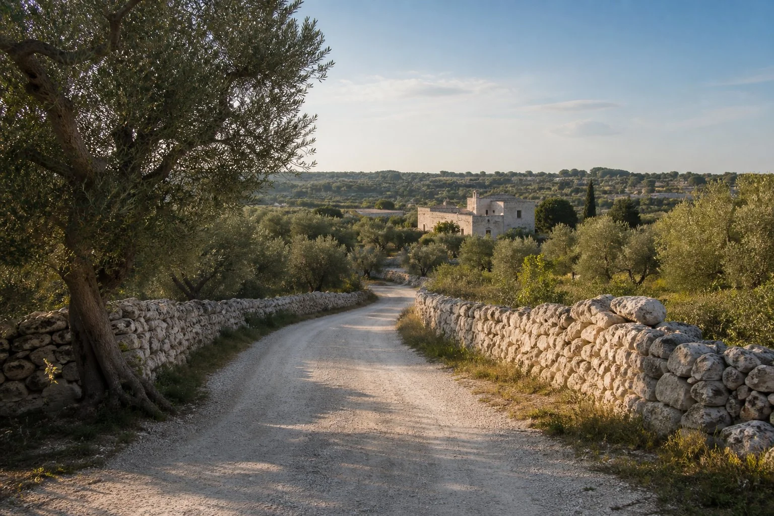 Strada bianca tra ulivi e muretti a secco verso la masseria