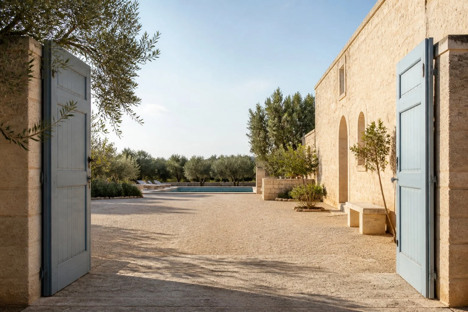 Ingresso della masseria con piscina sullo sfondo