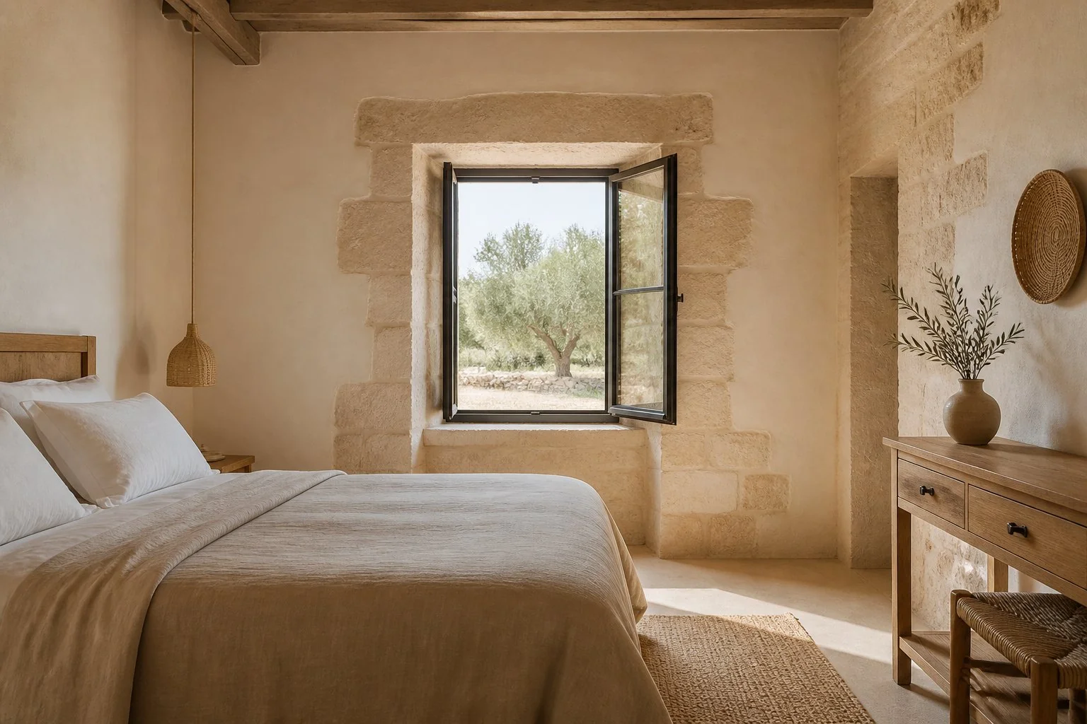 Camera della masseria con parete in pietra e finestra sull'uliveto
