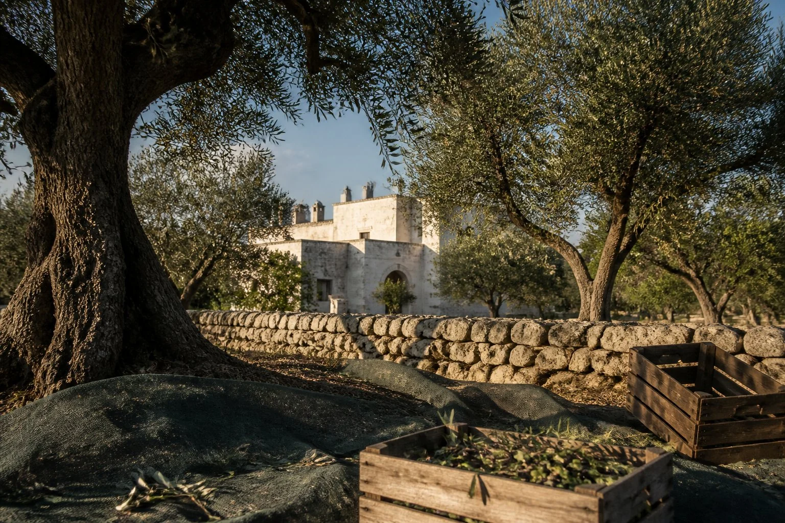 Masseria in pietra vista dall'uliveto durante la raccolta