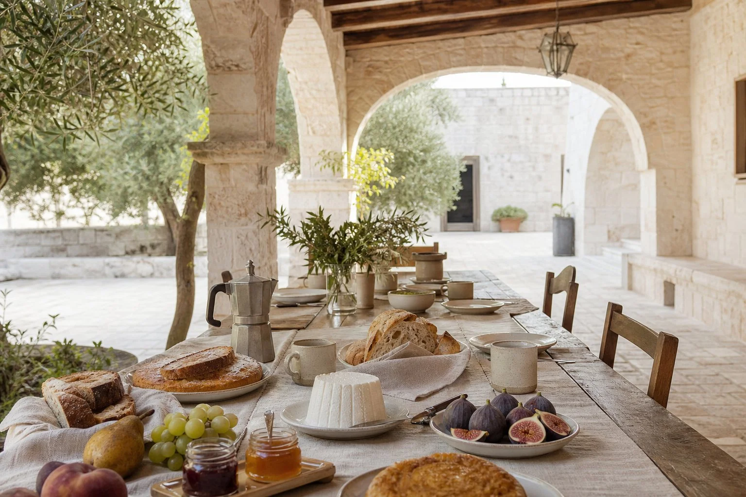 Colazione apparecchiata nella corte della masseria