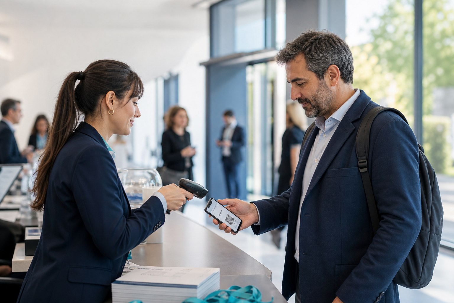 Persona che mostra il pass QR allo staff durante il check-in di un evento