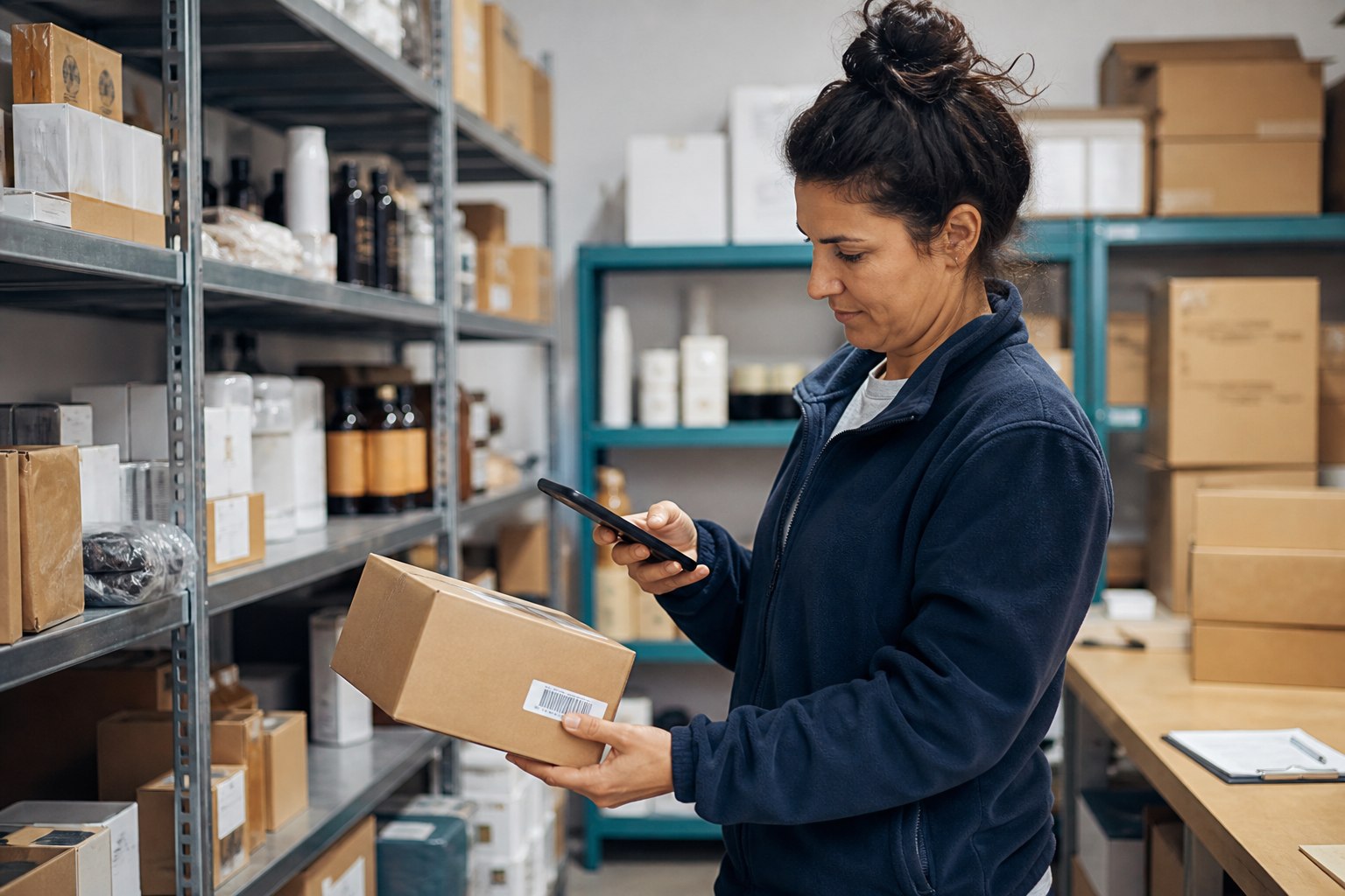 Addetta al magazzino che legge il barcode di un prodotto con lo smartphone