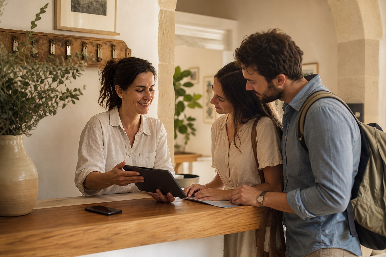 Gestore di una struttura ricettiva che mostra un preventivo digitale agli ospiti