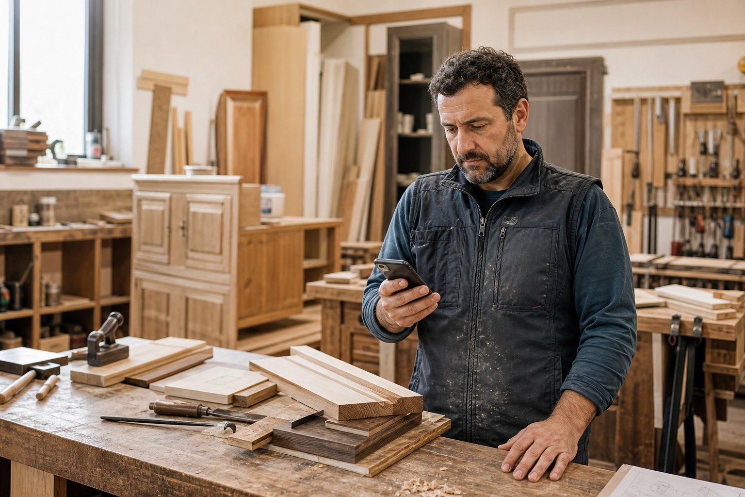 Falegname che controlla dal telefono i clienti da ricontattare